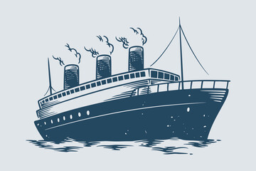 Hand drawing vintage steam boat trans atlantic ocean theme. - obrazy, fototapety, plakaty