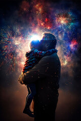 Obraz na płótnie Canvas A father and his son hugging while fireworks coloring the sky. Generative AI