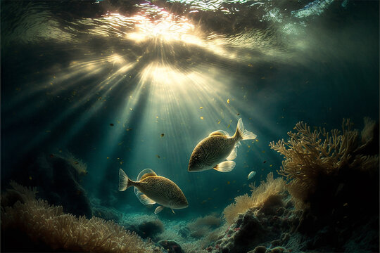 oceno lindo com peixes e luz sobre as &aacute;guas , fundo do mar 
