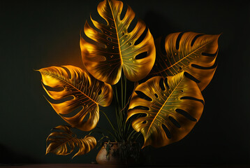Gold monstera leaves in interior. Natural luxury backdrop. Generative AI