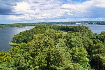 view of Krakow am See. Lakes landscape with dense forests on the shore. Vacation