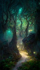 Path through magical elven woodland at night big decorated tre illustration Generative AI Content by Midjourney