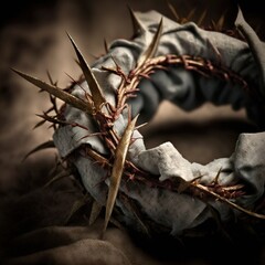 Crown of thorns resting on a cotton cloth. Generative AI