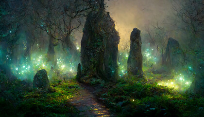 Path through magical elven woodland at night big decorated tre illustration Generative AI Content by Midjourney - obrazy, fototapety, plakaty