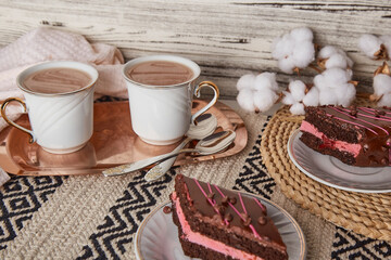 Pastel St Valentines day desserts - chocolate cherry cake pieces, coffee cups aesthetics.