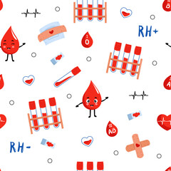 Blood bag, hearts, drops. Hand drawn Vector illustration. Hematology icons. Donate Blood, Health Care Concept. World Blood Donor Day. Trendy Seamless Pattern. Background, Wallpaper - obrazy, fototapety, plakaty