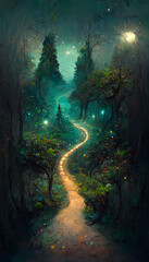 Path through magical elven woodland at night by Gediminas Pran illustration Generative AI Content by Midjourney