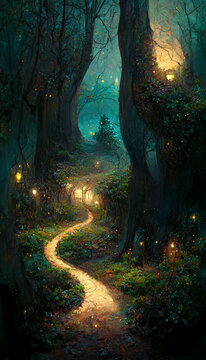 Path through magical elven woodland at night by Gediminas Pran illustration Generative AI Content by Midjourney © simon