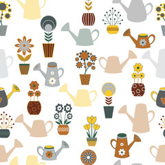 Seamless pattern with flowers a watering cans