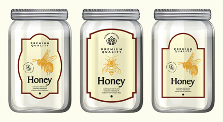 Honey label design Set with jar honey product packaging design creative jar labels bee design pure manuka honey label design template illustration