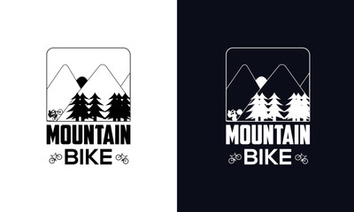 Mountain bike.  summer hiking t-shirt print design. Hand-drawn adventure logo with pine tree forest and quote - Camp Local. Old-style camp outdoors emblem in simple retro style. Stock illustrati