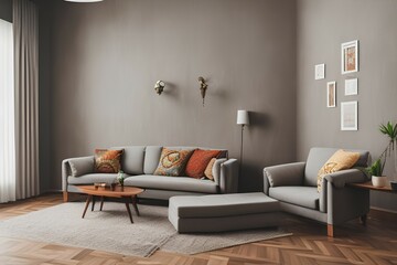 The stylish ethnic composition at living room interior with design brown armchair, rattan sideboard and elegant personal accessories. Grey concrete wall. Cozy apartment. Home decor. - generative ai