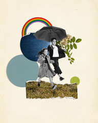 Contemporary art collage. Little stylish boy and girl, child carrying umbrella. Summertime...