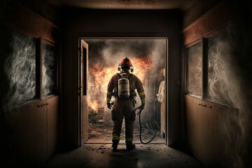 Obraz na płótnie Canvas a fireman faces the fire in a room. Generative AI