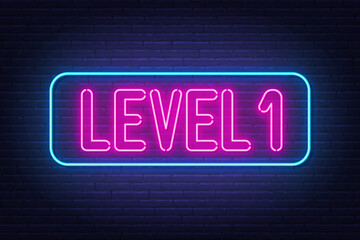 Level 1 neon sign on brick wall background.