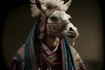 Equine wearing a traditional costume. Dressed animal portrait. Ai generated.