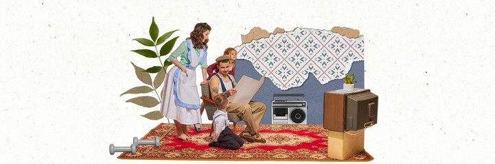 Contemporary art collage. Creative design in retro style. Young couple, man, woman and children at home. Concept of relationship, love, feelings, family, vintage, lifestyle. Copy space