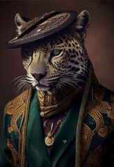 Leopard wearing a traditional costume. Dressed animal portrait. Ai generated.