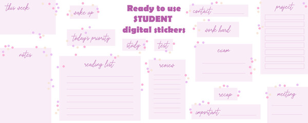 Ready to use student digital stickers. Pastel abstract stickers for bullet journaling or planning for students. Vector art.