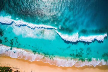 Aerial photo of summer beach and blue ocean with sky, poetic scenery background, Generative AI - obrazy, fototapety, plakaty