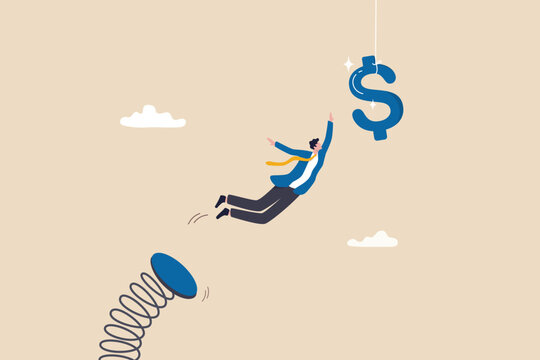 Pay raise, opportunity for more salary, income or investing profit, wages, chasing for earning, challenge or risk, motivation concept, confidence businessman jumping to catch dollar sign money.