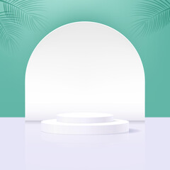 stack of 2 white cylinder pedestal podium with green background, platform scene for product display or showcase, 3d realistic circle stage background.