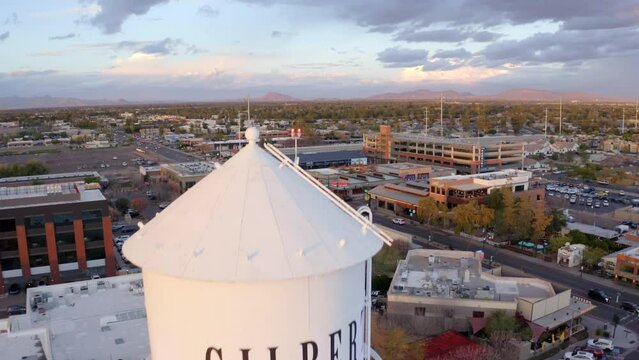 Gilbert Arizona Water Tower at Sunset Aerial Drone