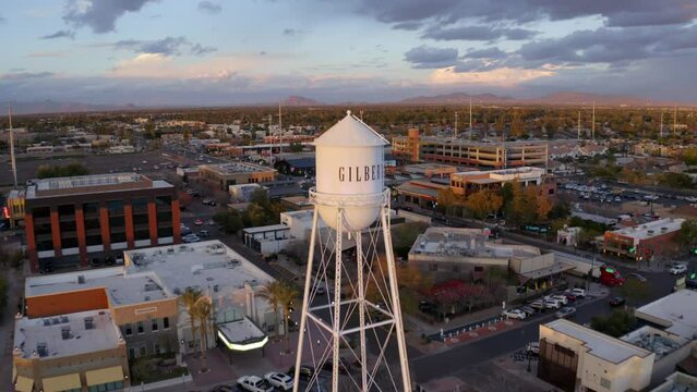 Water Tower in Downtown Gilbert Arizona Aerial Drone