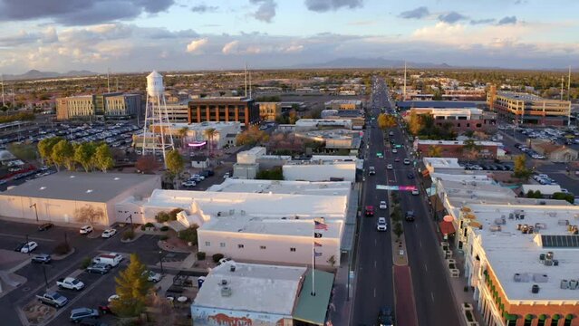 Downtown Gilbert Arizona at Sunset Aerial Drone Footage