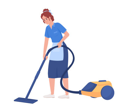 Female housekeeper cleaning with vacuum cleaner semi flat color vector character. Editable figure. Full body person on white. Simple cartoon style illustration for web graphic design and animation