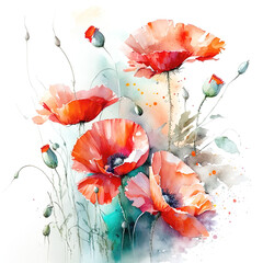 Watercolor red poppies. Wild flower bouquet isolated on white, generative ai.