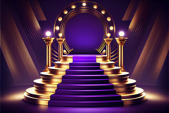 Golden Blue Purple Award Background. Jubilee Night Decorative Invitation. Trophy on Stage platform with spotlight. Hollywood Bollywood Night. Elegant Luxury Steps Floor. Generating Ai.