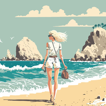 Girl On The Beach. Beach, Sea, Sun, Summer, Heat, Vacation, Journey, Beautiful Blonde, Tourism, Rocks, Picturesque Sky, Clouds, Look Beyond The Horizon. Vacation Concept. Vector Illustration