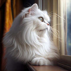White long-haired Persian cat staring out the window