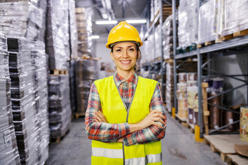 Proud warehouse worker is smiling at the camera while standing in facility.