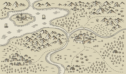 Medieval fantasy map. Mountain river and village buildings. Middle Ages map for board game. Hand drawn vector. - 564988843