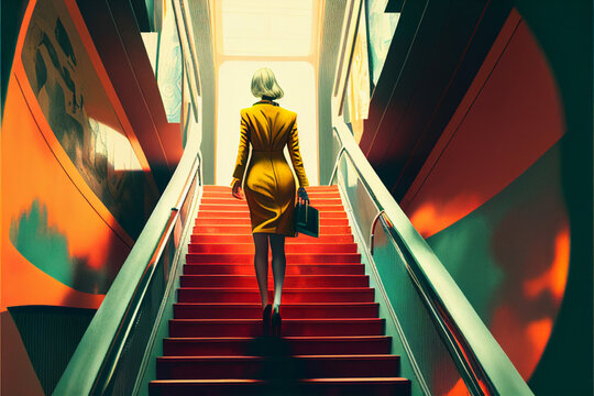 A Business Woman Walking Up The Stairs Towards Career Progression Indicates Light At The End Of The Tunnel And Hope