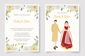 young indian wedding couple in red dress watercolor flower bouquet frame wedding   invitation