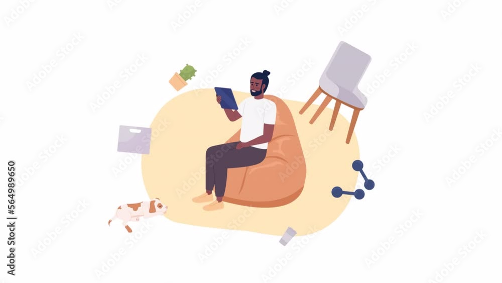 Poster animated common loader. man on beanbag waiting for download. loop flat 2d character 4k video footage