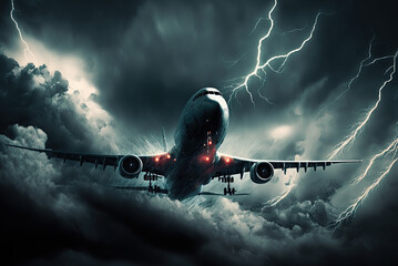 Airplane flies under heavy thunder clouds. Generative AI.