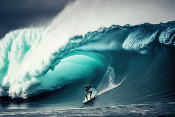 Surfer riding huge surf wave, Generative AI illustration