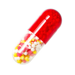 Pill capsule medical oval with granules of medicine, isolated on white background with clipping path