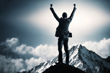 Reaching business goals concept with businessman with arms raised up on mountain top, Generative AI illustration