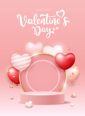 Happy Valentine's Day, red and pink balloons heart on podium, Poster pink background, EPS10 Vector illustration.
