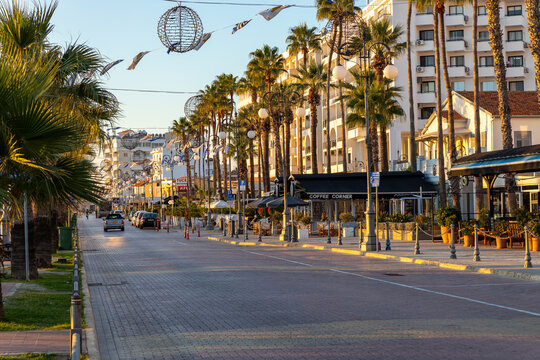 Larnaka Sunrise at Popular Finikoudes Promenade in Larnaca, Cyprus.