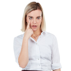 Portrait, eye and serious with a business woman in studio isolated on a white background showing her eyeball. Face, vision and pointing with a female employee making a rude gesture on blank space