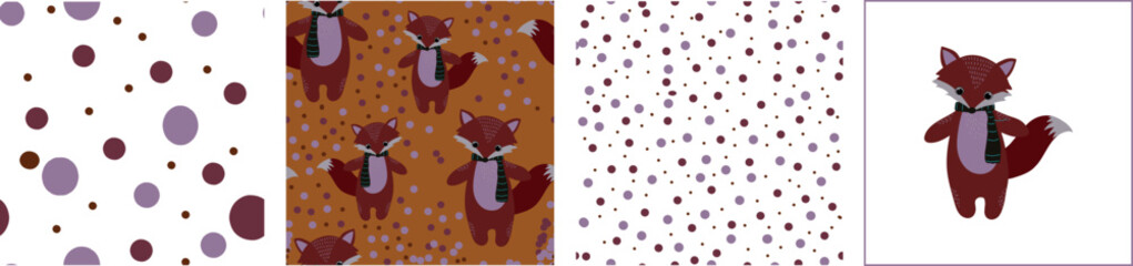 A set of seamless patterns and animal figurines. Vector file for designs.