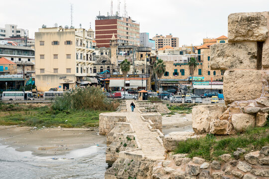 Ruins of the Crusaders Castle in Sidon. Sidon Sea Castle in Saida, Lebanon.