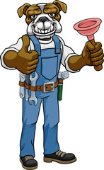 Bulldog Plumber Cartoon Mascot Holding Plunger