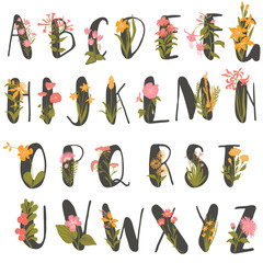 Floral alphabet, letters set with flowers. Monogram initials perfectly for wedding invitations, greeting card, logo, poster and other design. Holiday design hand painting.